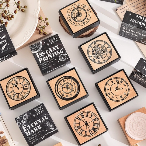Vintage Holzstempel Set Buchenholz Gummi Retro Uhr Muster Dekoratives Siegel Für DIY Scrapbooking Handkonto Handwerk Schreibwaren