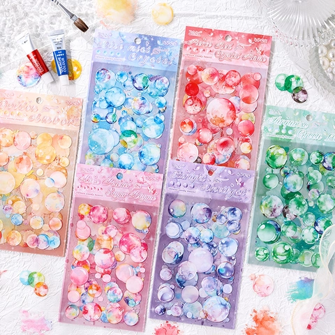 Watercolor Bubble Stickers PET Translucent Dreamy Round Sticker Sheets For Scrapbooking DIY Craft Journal Decorating