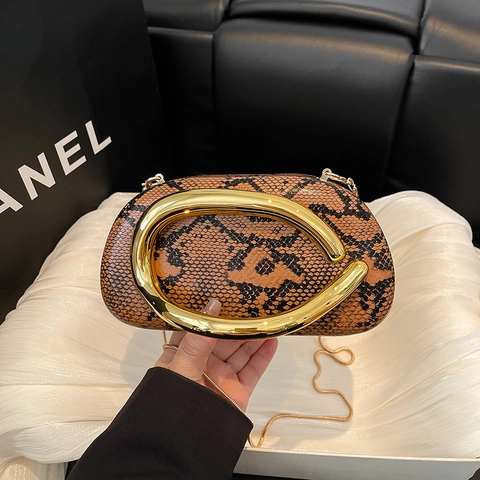 Borsa A Tracolla Vintage Con Stampa Serpente E Manico In Metallo Dorato Pochette Da Sera In Pelle PU Ovale Da Donna