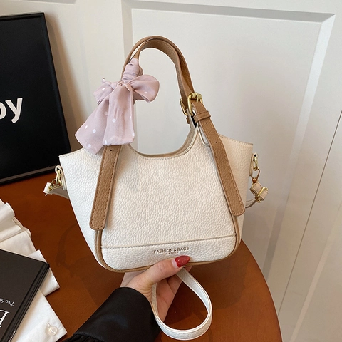 Borsa A Secchiello Donna Trama Lychee Pelle PU Borsa A Mano Tracolla Con Fiocco Sciarpa Tracolla Rimovibile Regolabile Chic Retrò