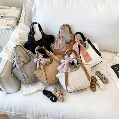 Borsa A Secchiello Donna Trama Lychee Pelle PU Borsa A Mano Tracolla Con Fiocco Sciarpa Tracolla Rimovibile Regolabile Chic Retrò
