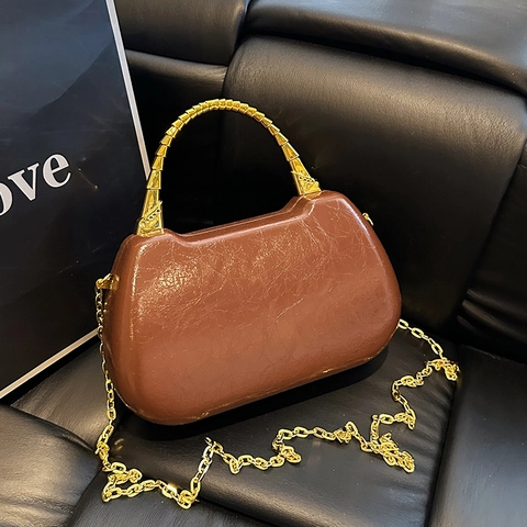 Glossy PU Leather Box Handbag For Women Golden Bamboo Metal Handle And Chain Strap Retro Small Square Crossbody Bag