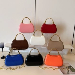 Glossy PU Leather Box Handbag For Women Golden Bamboo Metal Handle And Chain Strap Retro Small Square Crossbody Bag