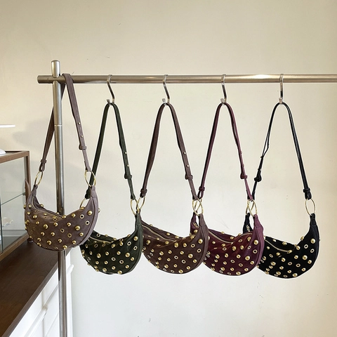 Women Vintage Studded Suede Half Moon Crossbody Bag Punk Style Rivet Shoulder Bag Bohemian Dumpling Handbag Gold Hardware Daily Casual Bag