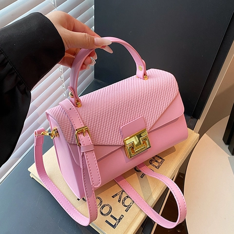 Women Box Crossbody Bag PU Leather Weaving Flap Metallic Lock Detachable Strap Fashionable Elegant Square Handbag