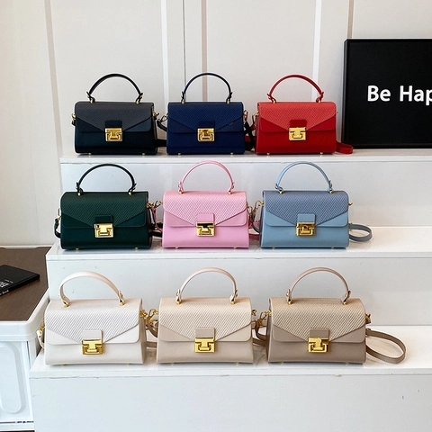 Women Box Crossbody Bag PU Leather Weaving Flap Metallic Lock Detachable Strap Fashionable Elegant Square Handbag