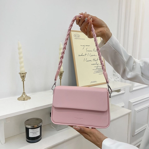 Borsa A Tracolla Da Donna Pelle PU Retro Scatola Borsa A Spalla Con Manico Intrecciato Patta Fibbia Magnetica Tinta Unita Versatile