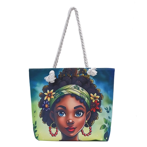 Dames Artistiek Afro-Amerikaans Meisje Bedrukte Canvas Tote Bag Grote Capaciteit Touw Handvat Schouder Shopping Strand Tas