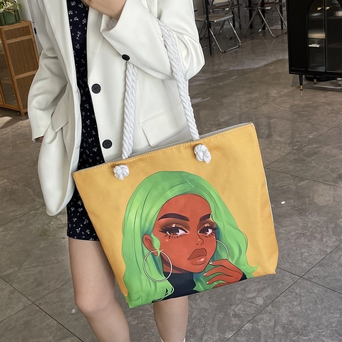 Dames Artistiek Afro-Amerikaans Meisje Bedrukte Canvas Tote Bag Grote Capaciteit Touw Handvat Schouder Shopping Strand Tas