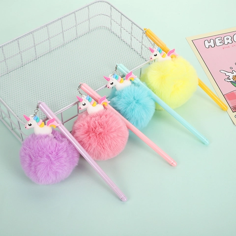 Cute Unicorn Pendant Ballpoint Pen With Large Plush Ball Decorative 0.5mm Black Ink Gel Pen School Office Stationery Creative Students Gift