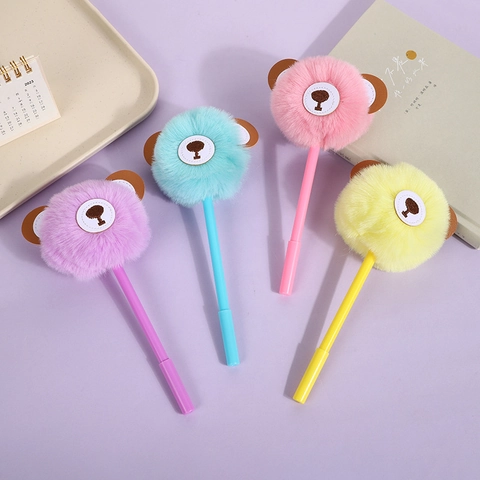 Cute Cartoon Bear Plush Pom Pom Gel Pen 0.5mm Black Ink Replaceable Refill Kawaii School Office Stationery Writing Pen