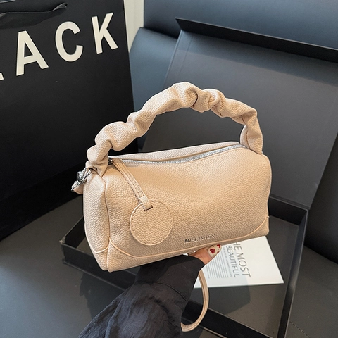Women PU Leather Boston Bag Vintage Litchi Pattern Handbag Scrunchie Handle Crossbody Shoulder Bag Small Pillow Purse