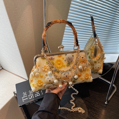 Vintage Women PU Bamboo Handle Crossbody Bag Teddy Bear Floral Print 3D Decor Pearl Chain Shell Handbag Retro Messenger Bag