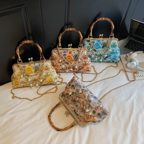 Vintage Women PU Bamboo Handle Crossbody Bag Teddy Bear Floral Print 3D Decor Pearl Chain Shell Handbag Retro Messenger Bag