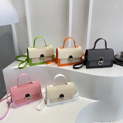 Women Fashion Color Block Small Square Bag PU Leather Fabric Splicing Crossbody Bag With Metal Lock Handle Shoulder Strap Casual