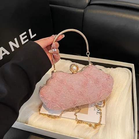 Women's Elegant Floral Lace Evening Bag With Artificial Pearl Clasp And Metallic Chain Strap For Weddings Parties Banquets