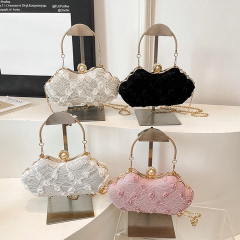 Women's Elegant Floral Lace Evening Bag With Artificial Pearl Clasp And Metallic Chain Strap For Weddings Parties Banquets