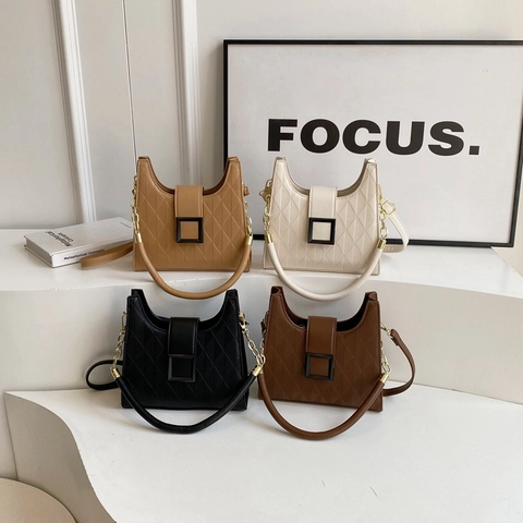 Damen Gesteppte Umhängetasche PU Leder Rautenmuster Quadratische Schnalle Schulter Eimertasche Chic Vintage Stil