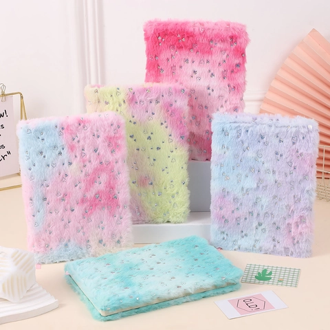 Mignon Carnet En Peluche Séquins Coeur Dégradé Tie Dye Journal Papeterie Douce Pour Filles Étudiants Marque Page