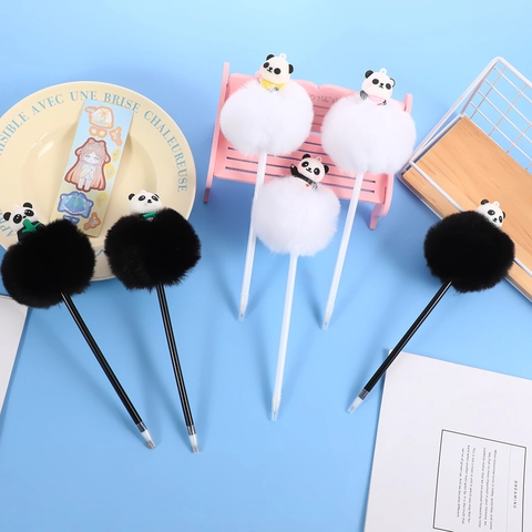 Stylo à Bille Créatif Panda avec Gros Pompon en Peluche Anti-stress Stylo d'Écriture Nouveauté pour Étudiants École Bureau Papeterie Cadeau