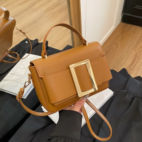 Women PU Leather Crossbody Bag Retro Vintage Large Golden Square Buckle Flap Handbag Minimalist Solid Color Shoulder Purse
