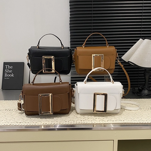 Women PU Leather Crossbody Bag Retro Vintage Large Golden Square Buckle Flap Handbag Minimalist Solid Color Shoulder Purse