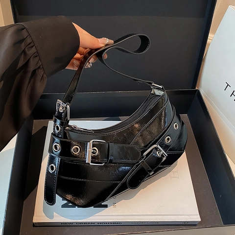 Damen Umhängetasche Y2K Punk Moto Stil Achseltasche Hobo Tasche Glänzendes PU Leder Metallösen Schnallen Riemen Trendig
