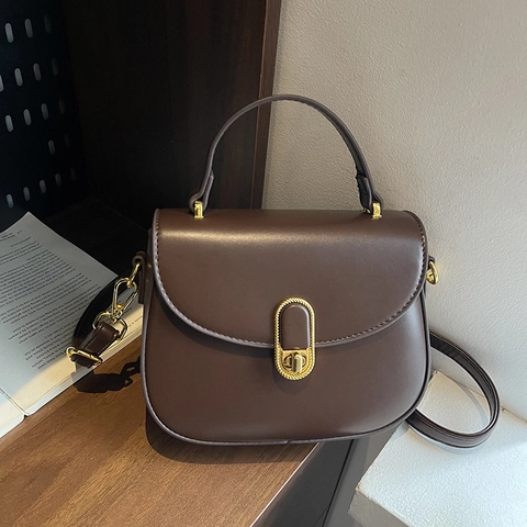 Retro PU Leather Crossbody Bag For Women With Gold Oval Lock Top Handle Adjustable Shoulder Strap Elegant Vintage Handbag