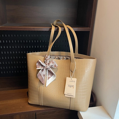 Women Crocodile Pattern PU Leather Tote Bag Large Capacity Shoulder Handbag With Satin Scarf For Casual Travel