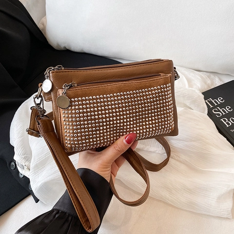 Women Fashion Rhinestone Studded Crossbody Bag PU Leather Multi Layer Zipper Shoulder Bag Square Handbag With Wristlet Strap