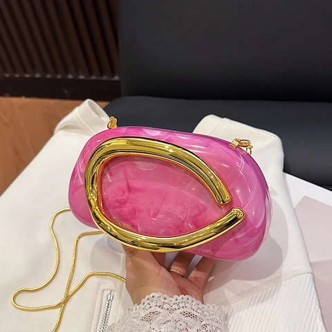 Women Acrylic Marble And Mirror Evening Clutch Bag With Metal Handle And Removable Chain Strap Party Crossbody Handbag