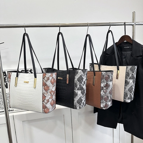 Patchwork Krokodil Schlangenmuster Einkaufstasche Für Damen PU Leder Große Kapazität Schultertasche Mode Pendeln Handtasche