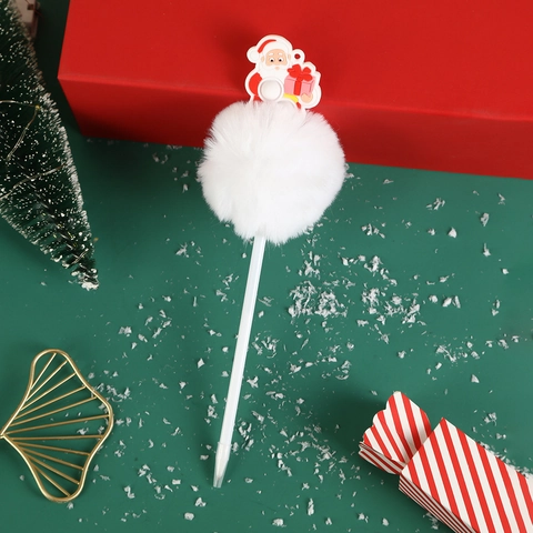 Christmas Pom-Pom Ballpoint Pen Rabbit Fur Ball Silicone Cartoon Santa Snowman Christmas Tree Gingerbread Man Writing Pen For Kids Student Holiday Gift
