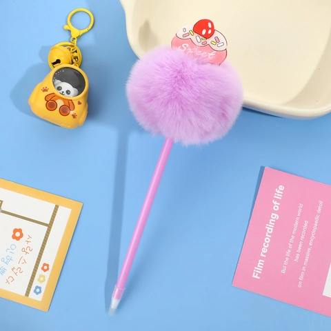 Cute Cake Plush Pom Pom Ballpoint Pen With Sweet Resin Charm Rabbit Fur Decorative Novelty Pen For Students Girls School Office Stationery