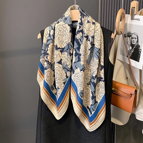 Women Elegant Floral Print Square Scarf Satin Like Polyester Neckerchief Double Sided Professional Hair Band Wrap
