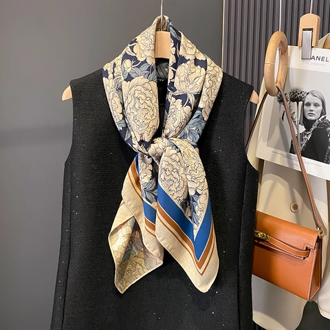 Women Elegant Floral Print Square Scarf Satin Like Polyester Neckerchief Double Sided Professional Hair Band Wrap