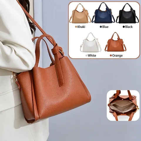 Women Minimalist Pebbled PU Leather Bucket Bag Vintage Soft Handbag With Knot Handle Large Capacity Crossbody Tote Bag