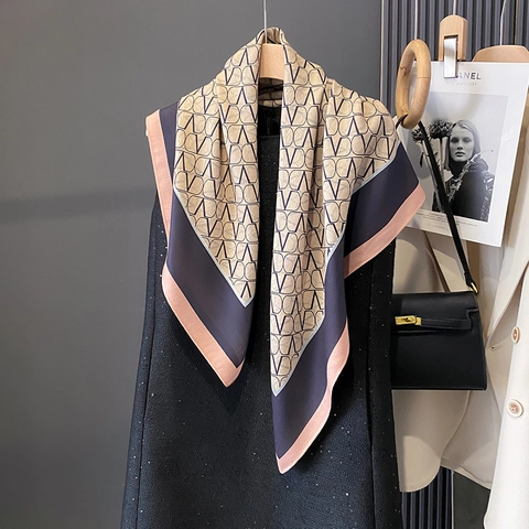 Fashion Square Scarf Geometric Monogram Print Large Satin Like Shawl Elegant Color Block Neck Scarf For Women