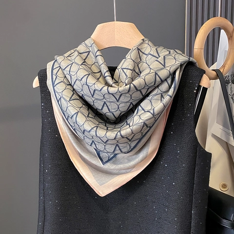 Fashion Square Scarf Geometric Monogram Print Large Satin Like Shawl Elegant Color Block Neck Scarf For Women