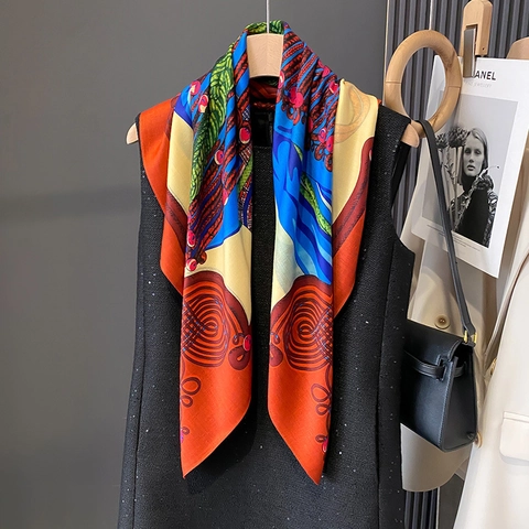 Elegante Sciarpa Quadrata Poliestere Texture Effetto Raso Stampa Geometrica Doppia Faccia Grande Scialle Di Moda Per Donna