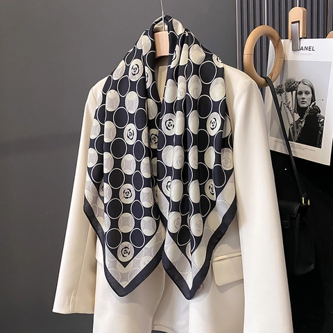 Elegant Women Large Square Scarf Satin Feeling Sunscreen Shawl Camellia Geometric Polka Dot Print Fashion Accessories