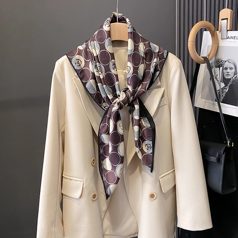 Elegant Women Large Square Scarf Satin Feeling Sunscreen Shawl Camellia Geometric Polka Dot Print Fashion Accessories