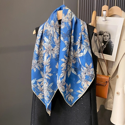 Elegant Floral Print Satin Like Square Scarf Polyester Sun Protection Shawl Versatile Neck Wrap For Women Blue