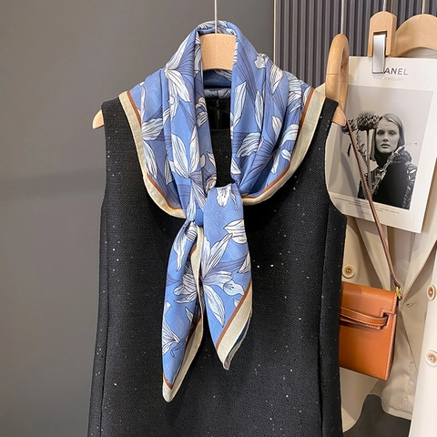 Elegant Floral Print Satin Like Square Scarf Polyester Sun Protection Shawl Versatile Neck Wrap For Women Blue