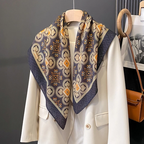 Large Square Scarf Polyester Satin Like Elegant Paisley Floral Print Sun Protection Versatile Neck Kerchief For Women Fashion Accessory
