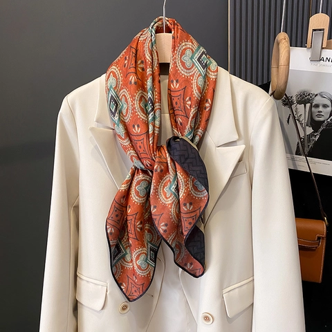 Large Square Scarf Polyester Satin Like Elegant Paisley Floral Print Sun Protection Versatile Neck Kerchief For Women Fashion Accessory