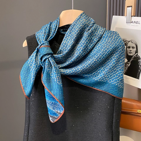 Elegant Square Scarf Satin Like Leopard Blue Feather Print Neck Wrap Fashion Headscarf For Women