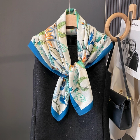 Elegant Floral Print Square Scarf Satin Feel Polyester Head Neck Wrap For Women French Retro Style Lightweight Shawl