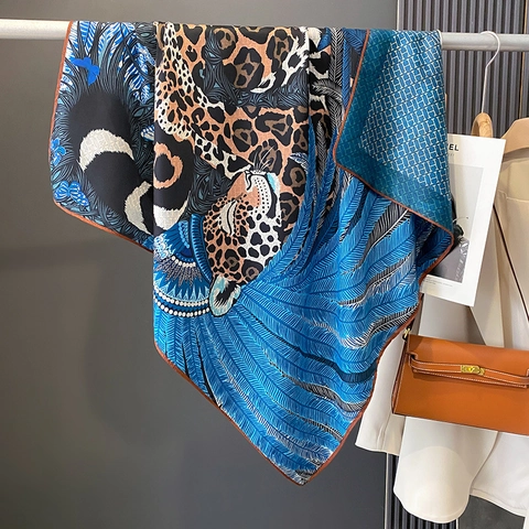 Elegant Square Scarf Satin Like Leopard Blue Feather Print Neck Wrap Fashion Headscarf For Women