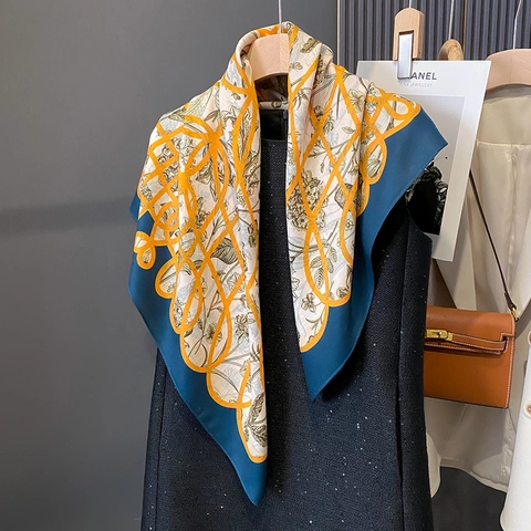 Grande Sciarpa Quadrata Poliestere Satin Raso Doppia Faccia Stampa Floreale Geometrica Elegante Scialle Versatile Donna